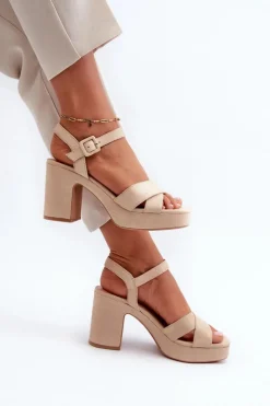 Damskie Boto Sandały Damskie Z Eko Zamszu Na Słupku I Platformie Jasnobeżowe Sakane