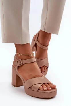 Boto Sandały Na Obcasie*Sandały Damskie Z Eko Zamszu Na Słupku I Platformie Ciemnobeżowe Sakane