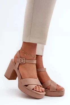 Boto Sandały Na Obcasie*Sandały Damskie Z Eko Zamszu Na Słupku I Platformie Ciemnobeżowe Sakane