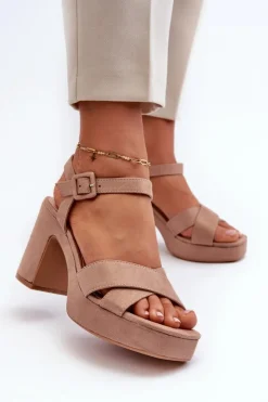 Boto Sandały Na Obcasie*Sandały Damskie Z Eko Zamszu Na Słupku I Platformie Ciemnobeżowe Sakane