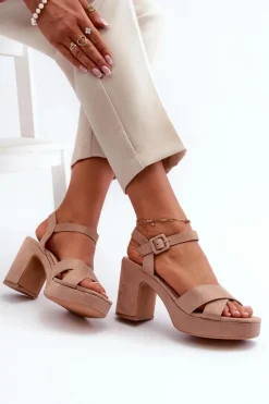 Boto Sandały Na Obcasie*Sandały Damskie Z Eko Zamszu Na Słupku I Platformie Ciemnobeżowe Sakane