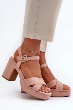 Damskie Boto Sandały Damskie Z Eko Zamszu Na Słupku I Platformie Różowe Sakane