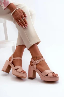 Damskie Boto Sandały Damskie Z Eko Zamszu Na Słupku I Platformie Różowe Sakane