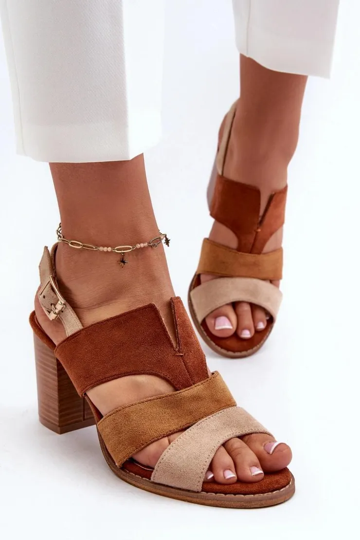 Evento Sandały Na Słupku|Sandały Na Obcasie*Sandały Damskie Z Eko Zamszu Na Obcasie Słupku Brązowe Qutima Brązowy