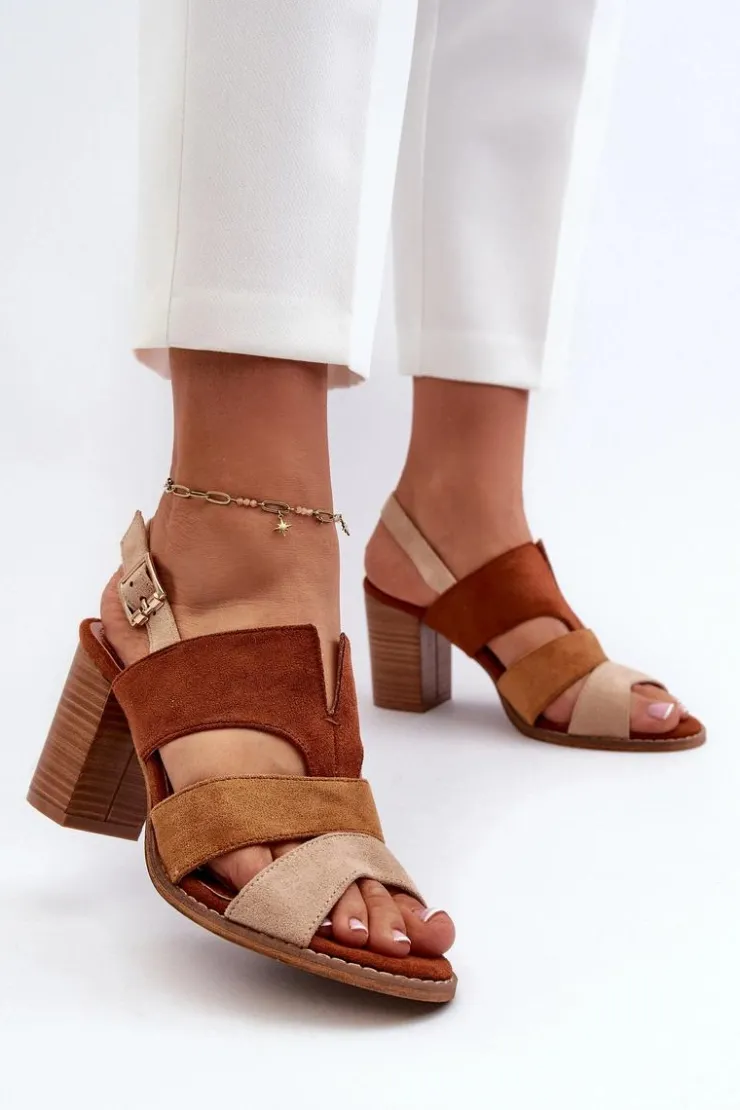 Evento Sandały Na Słupku|Sandały Na Obcasie*Sandały Damskie Z Eko Zamszu Na Obcasie Słupku Brązowe Qutima Brązowy