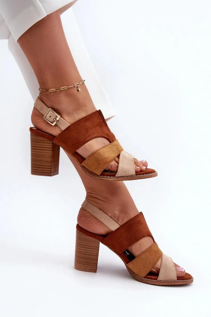 Evento Sandały Na Słupku|Sandały Na Obcasie*Sandały Damskie Z Eko Zamszu Na Obcasie Słupku Brązowe Qutima Brązowy