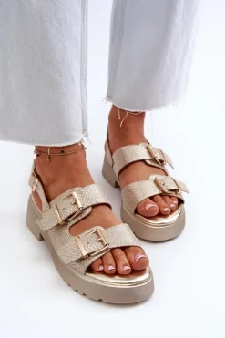 Boto Sandały Płaskie*Sandały Damskie Z Klamrami Eko Skórzane Złote Konanttia