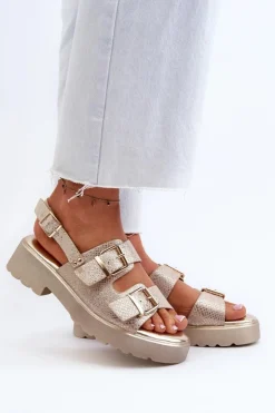 Boto Sandały Płaskie*Sandały Damskie Z Klamrami Eko Skórzane Złote Konanttia