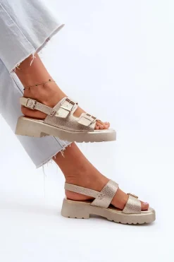 Boto Sandały Płaskie*Sandały Damskie Z Klamrami Eko Skórzane Złote Konanttia
