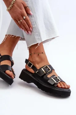 Hot Boto Sandały Damskie Z Klamrami Eko Skórzane Czarne Konanttia