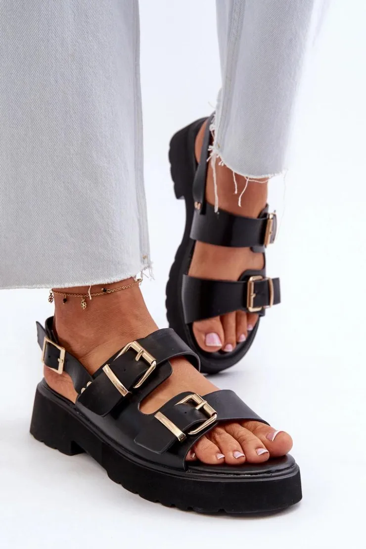 Hot Boto Sandały Damskie Z Klamrami Eko Skórzane Czarne Konanttia