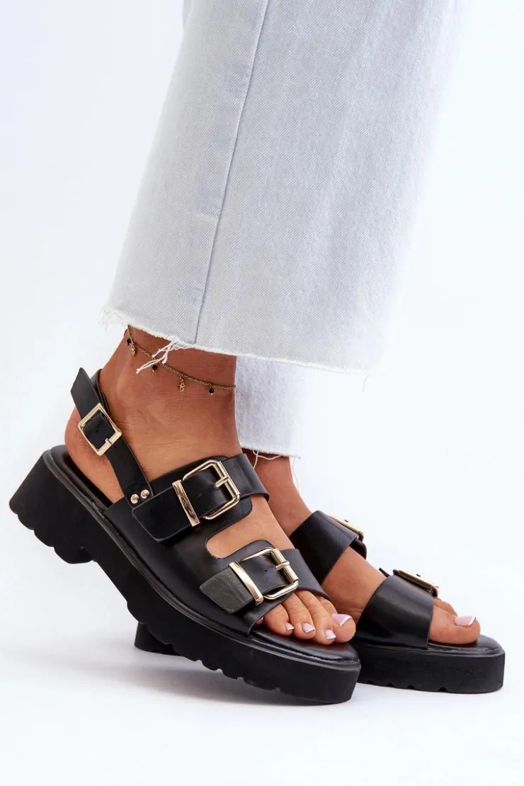 Hot Boto Sandały Damskie Z Klamrami Eko Skórzane Czarne Konanttia