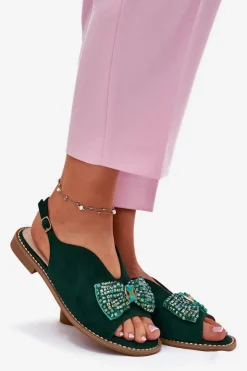 Damskie buty S.Barski Sandały Płaskie*Sandały Damskie Z Kokardą Na Płaskim Obcasie S.Barski KV51-014 Zielone Zielony