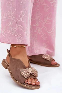 Damskie Damskie buty S.Barski Sandały Damskie Z Kokardą Na Płaskim Obcasie S.Barski KV51-014 Ciemnobeżowe