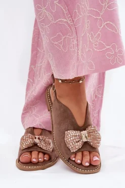 Damskie Damskie buty S.Barski Sandały Damskie Z Kokardą Na Płaskim Obcasie S.Barski KV51-014 Ciemnobeżowe