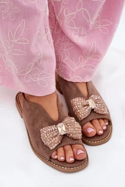 Damskie Damskie buty S.Barski Sandały Damskie Z Kokardą Na Płaskim Obcasie S.Barski KV51-014 Ciemnobeżowe