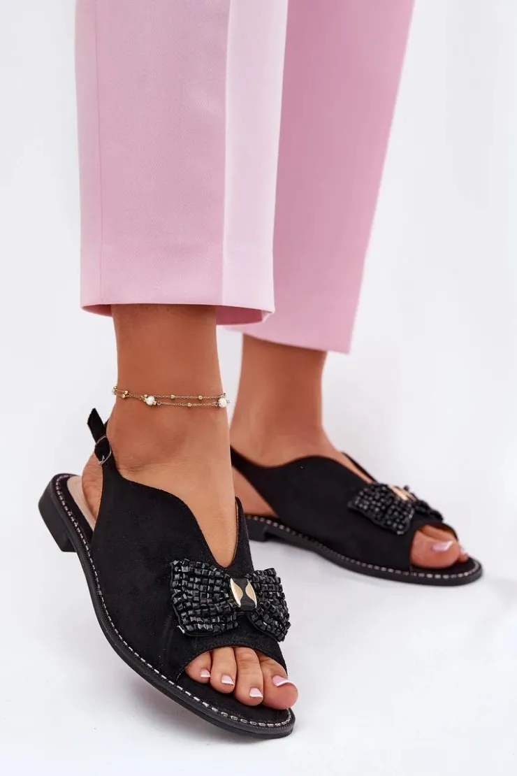 Damskie Damskie buty S.Barski Sandały Damskie Z Kokardą Na Płaskim Obcasie S.Barski KV51-014 Czarne