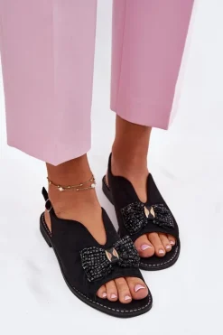 Damskie Damskie buty S.Barski Sandały Damskie Z Kokardą Na Płaskim Obcasie S.Barski KV51-014 Czarne