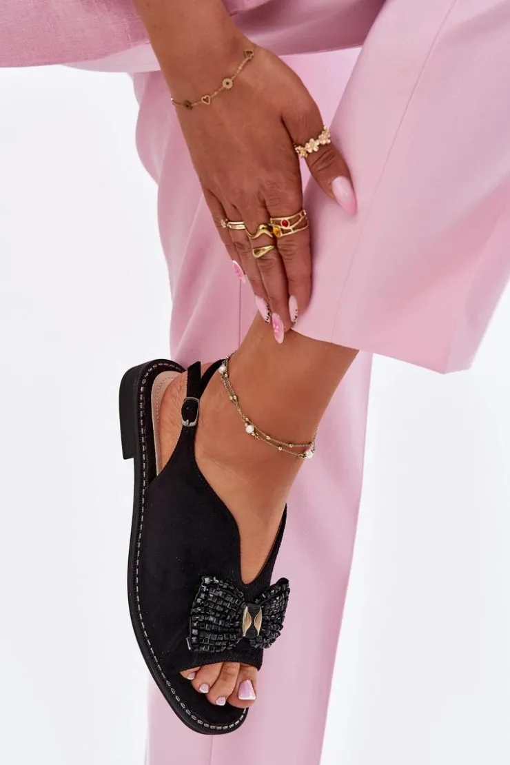 Damskie Damskie buty S.Barski Sandały Damskie Z Kokardą Na Płaskim Obcasie S.Barski KV51-014 Czarne