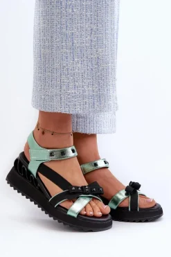 Clearance Damskie buty S.Barski Sandały Damskie Z Kokardką D&A CR956 Zielone Zielony