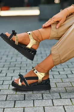 Damskie buty S.Barski Sandały Na Koturnie|Sandały Płaskie*Sandały Damskie Z Kokardką D&A CR956 Złote Złoty