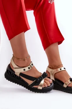 Damskie buty S.Barski Sandały Na Koturnie|Sandały Płaskie*Sandały Damskie Z Kokardką D&A CR956 Złote Złoty