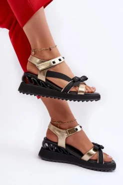 Damskie buty S.Barski Sandały Na Koturnie|Sandały Płaskie*Sandały Damskie Z Kokardką D&A CR956 Złote Złoty