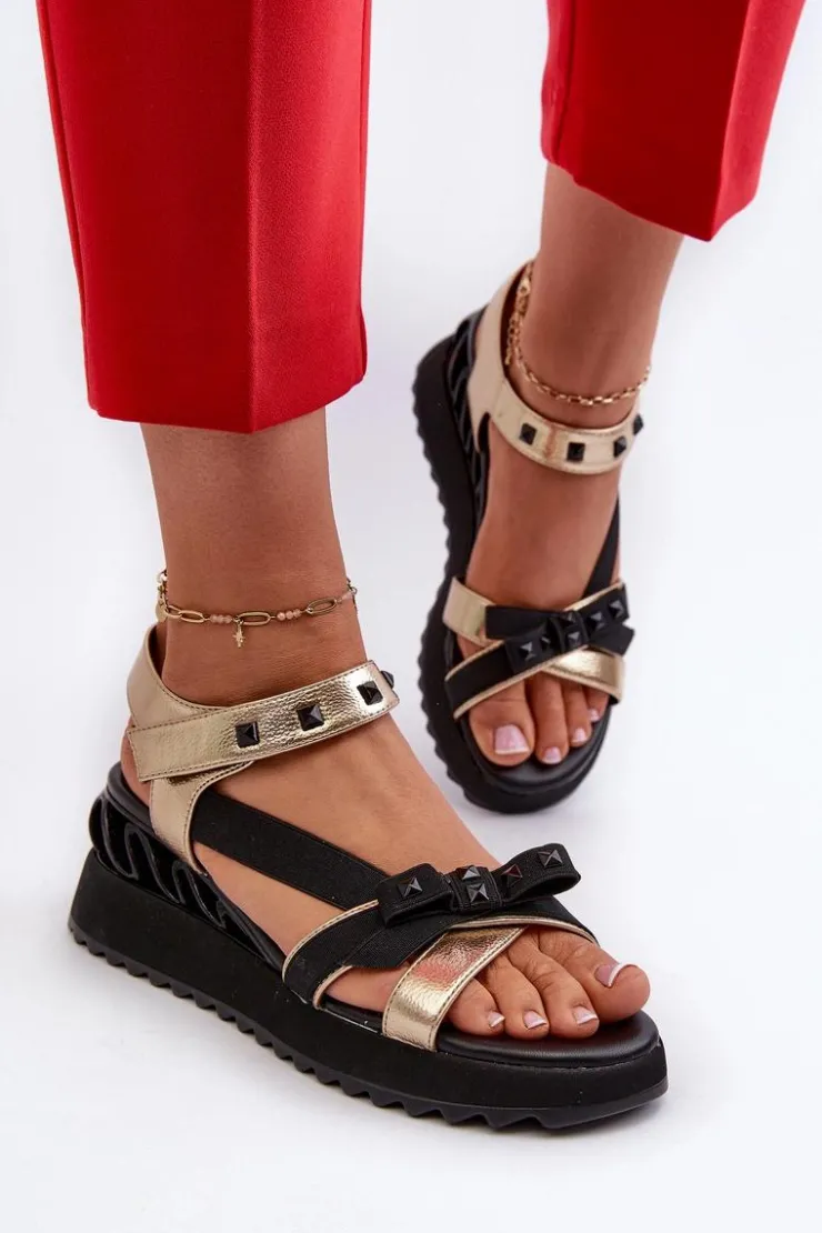 Damskie buty S.Barski Sandały Na Koturnie|Sandały Płaskie*Sandały Damskie Z Kokardką D&A CR956 Złote Złoty