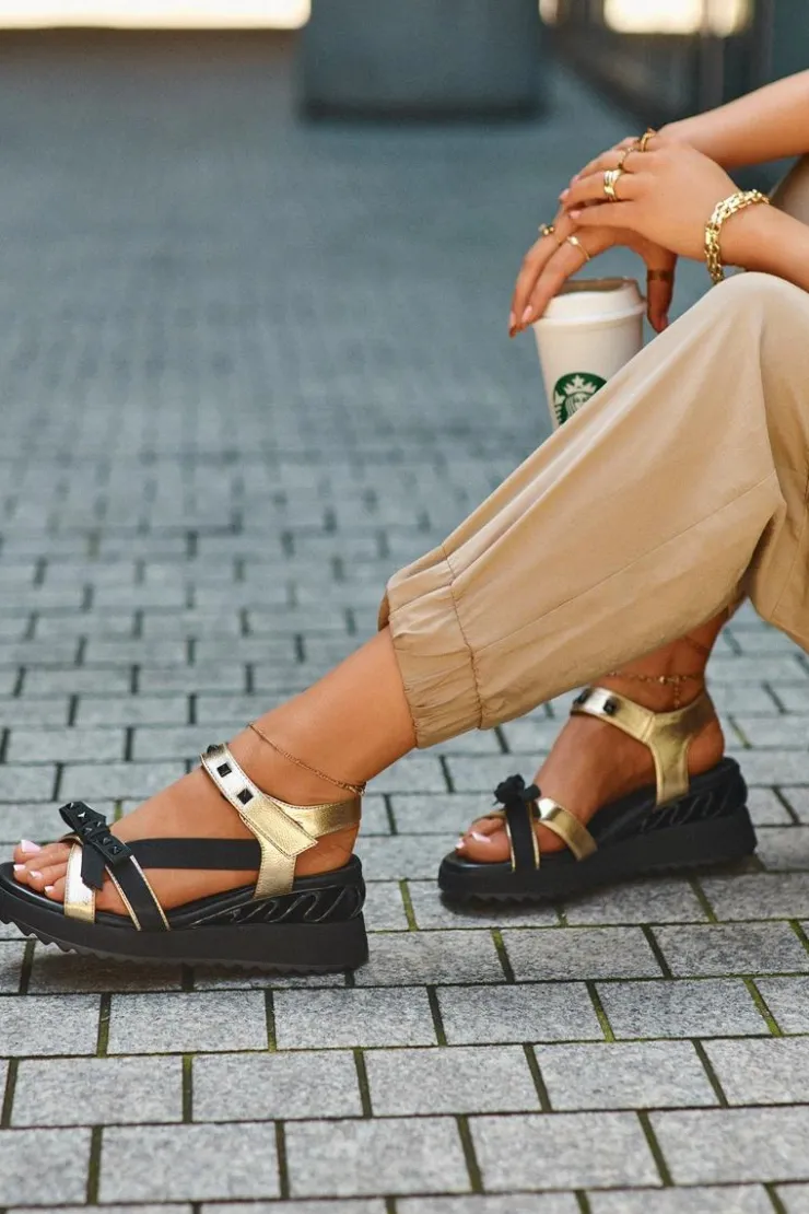 Damskie buty S.Barski Sandały Na Koturnie|Sandały Płaskie*Sandały Damskie Z Kokardką D&A CR956 Złote Złoty