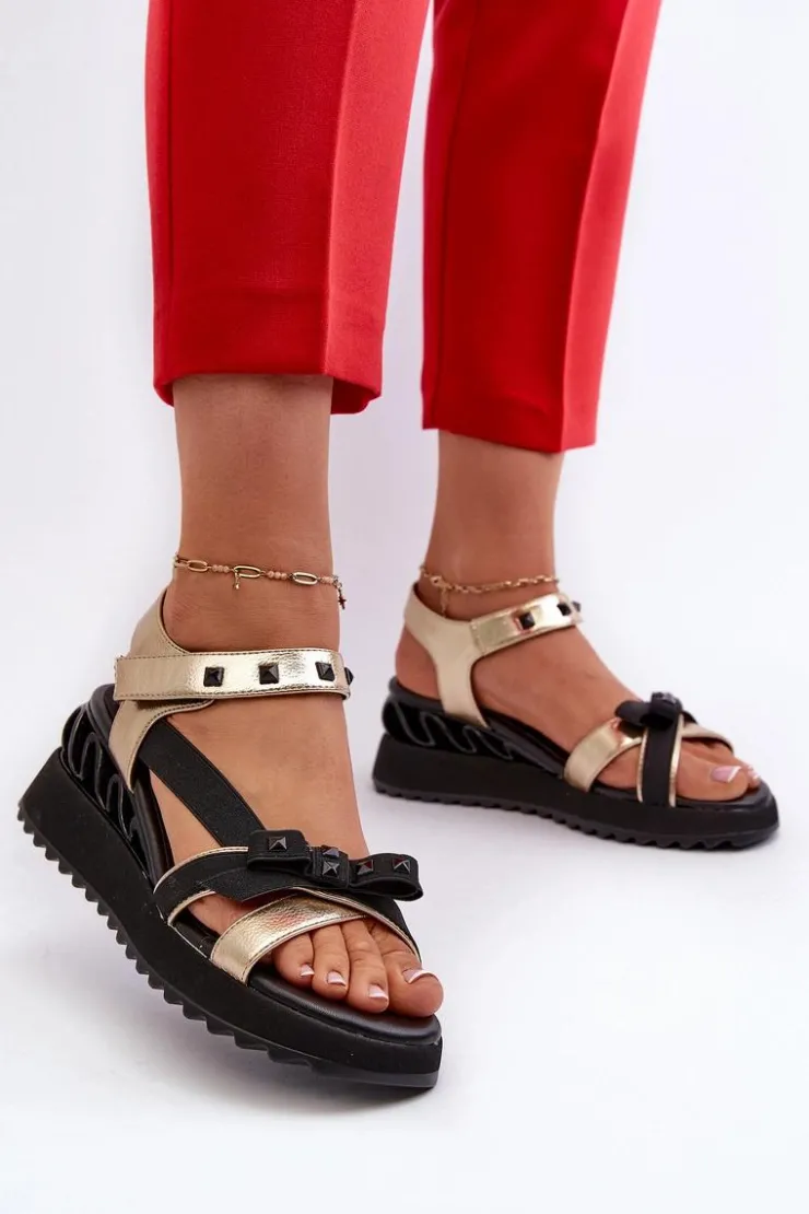 Damskie buty S.Barski Sandały Na Koturnie|Sandały Płaskie*Sandały Damskie Z Kokardką D&A CR956 Złote Złoty