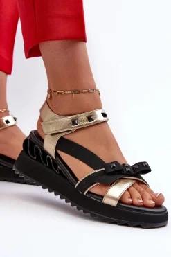 Damskie buty S.Barski Sandały Na Koturnie|Sandały Płaskie*Sandały Damskie Z Kokardką D&A CR956 Złote Złoty