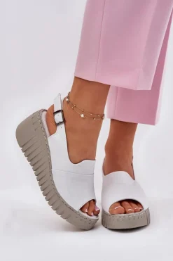 Clearance Artiker Sandały Damskie Z Naturalnej Skóry Na Koturnie 54C0786 Białe