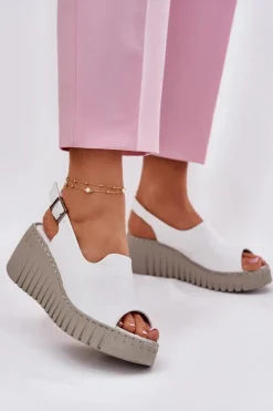 Clearance Artiker Sandały Damskie Z Naturalnej Skóry Na Koturnie 54C0786 Białe