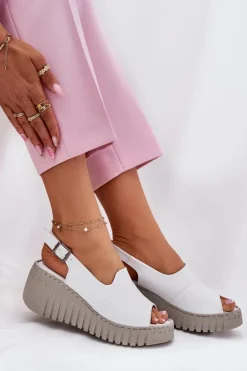 Clearance Artiker Sandały Damskie Z Naturalnej Skóry Na Koturnie 54C0786 Białe