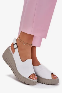 Clearance Artiker Sandały Damskie Z Naturalnej Skóry Na Koturnie 54C0786 Białe