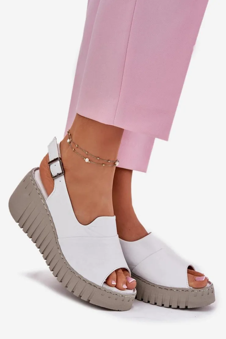 Clearance Artiker Sandały Damskie Z Naturalnej Skóry Na Koturnie 54C0786 Białe