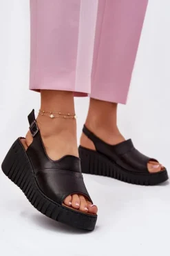 Damskie Artiker Sandały Damskie Z Naturalnej Skóry Na Koturnie 54C0791 Czarne