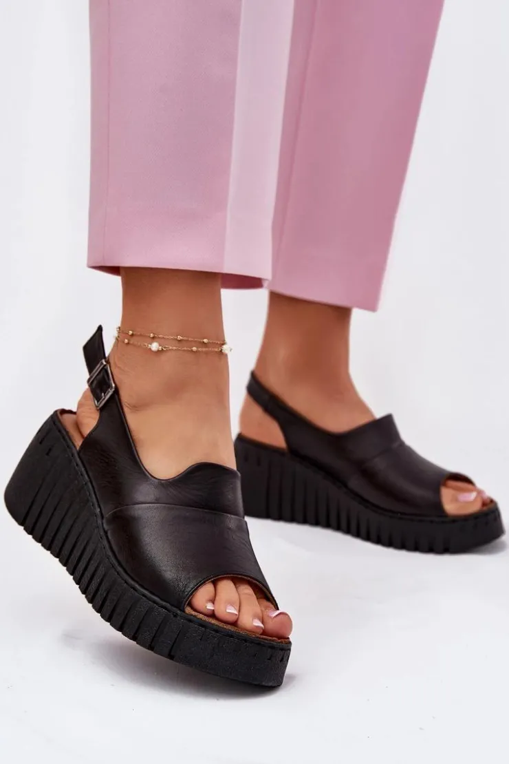 Damskie Artiker Sandały Damskie Z Naturalnej Skóry Na Koturnie 54C0791 Czarne