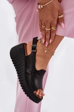 Damskie Artiker Sandały Damskie Z Naturalnej Skóry Na Koturnie 54C0791 Czarne