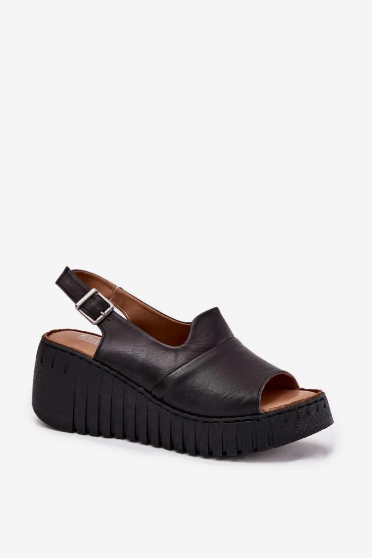 Damskie Artiker Sandały Damskie Z Naturalnej Skóry Na Koturnie 54C0791 Czarne