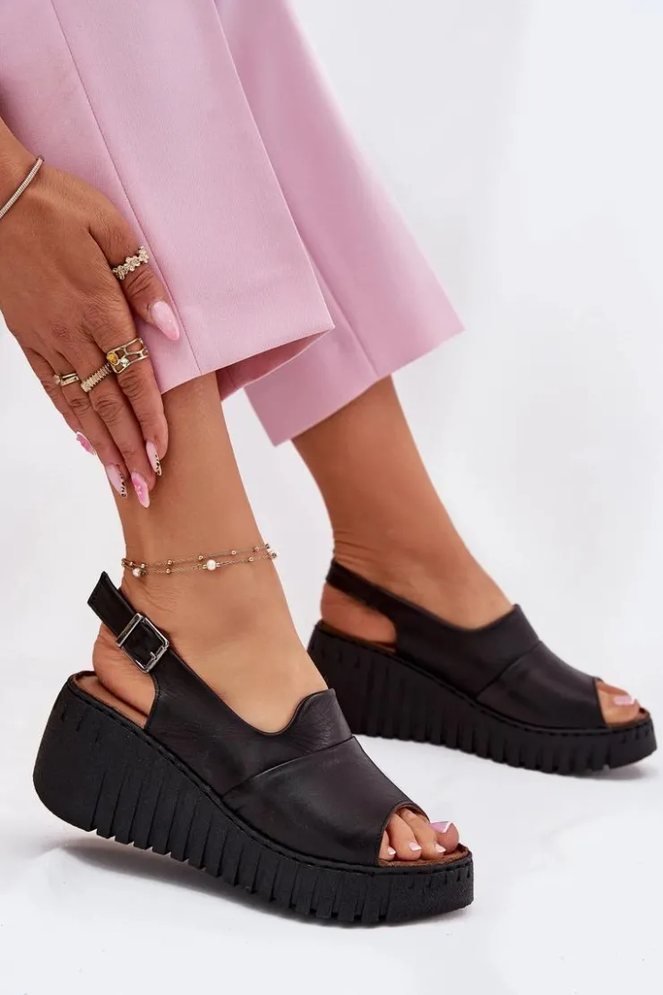 Damskie Artiker Sandały Damskie Z Naturalnej Skóry Na Koturnie 54C0791 Czarne