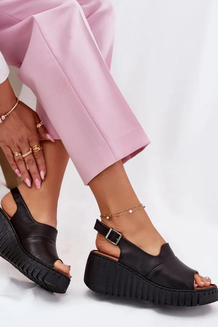 Damskie Artiker Sandały Damskie Z Naturalnej Skóry Na Koturnie 54C0791 Czarne