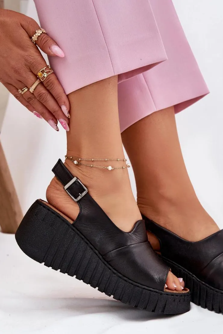 Damskie Artiker Sandały Damskie Z Naturalnej Skóry Na Koturnie 54C0791 Czarne