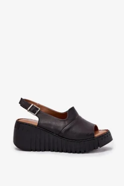 Damskie Artiker Sandały Damskie Z Naturalnej Skóry Na Koturnie 54C0791 Czarne