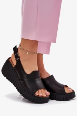 Damskie Artiker Sandały Damskie Z Naturalnej Skóry Na Koturnie 54C0791 Czarne