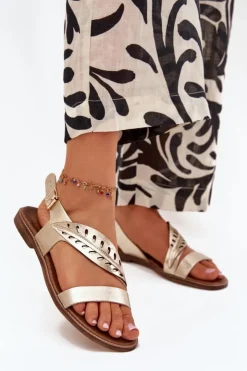 Boto Sandały Płaskie*Sandały Damskie Z Naturalnej Skóry Na Płaskim Obcasie Zazoo 3564 Złote Złoty