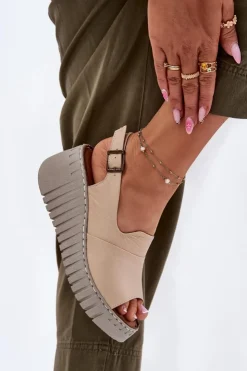 Damskie Artiker Sandały Damskie Z Naturalnej Skóry Na Koturnie 56C0957 Beżowe