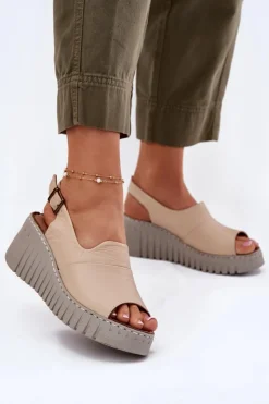 Damskie Artiker Sandały Damskie Z Naturalnej Skóry Na Koturnie 56C0957 Beżowe