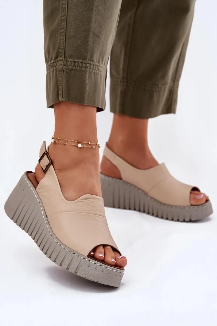 Damskie Artiker Sandały Damskie Z Naturalnej Skóry Na Koturnie 56C0957 Beżowe
