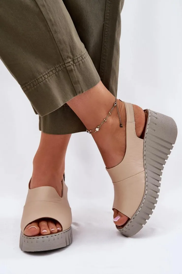 Damskie Artiker Sandały Damskie Z Naturalnej Skóry Na Koturnie 56C0957 Beżowe